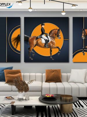 Beautiful Horse Riding with Orange Background design 3 Piece Canvas Art 103