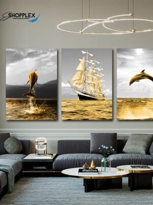 Sailing Boat Print Black & White Golden Ship Design 3 Piece Canvas Art 113