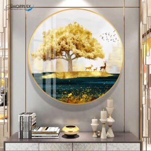 Golden Tree with Deer Teal Colour Round  70 x 70cm R107