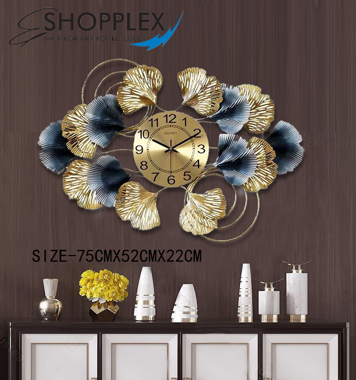 Luxury Modern Metal Wall Clock 3D Golden and Teal Ginkgo Leaf Home Decor Art CL23