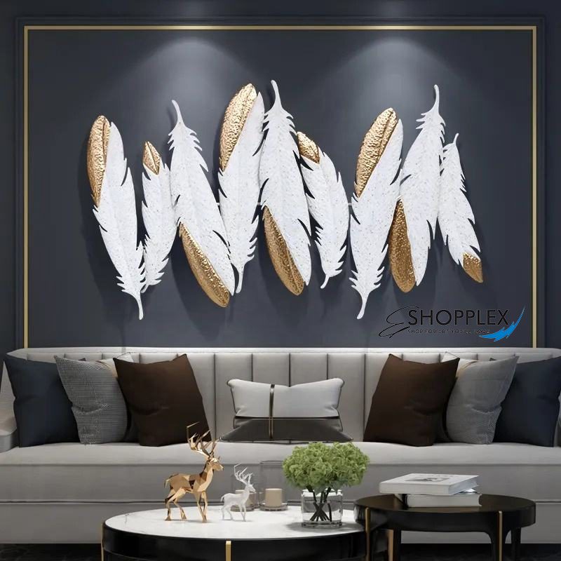 Luxury Modern Metal 3D Wall Art Golden and White Feathers design Art WA 33